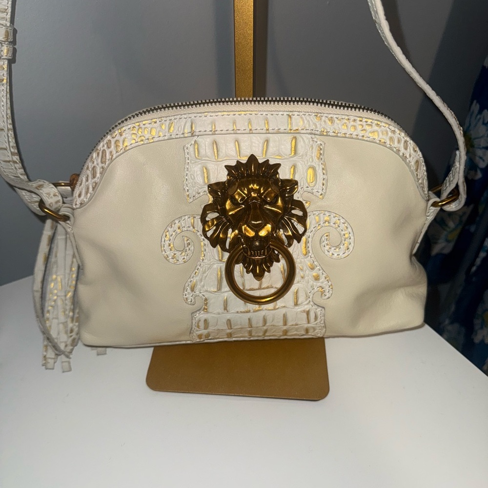Sharif Cream Leather Clutch with Gold Lion Hardware - Picture 2 of 15